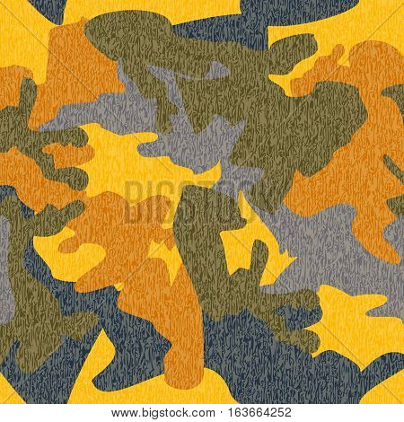 Camouflage pattern background seamless clothing print repeatable camo glamour grunge of scratch vector. Yellow grey olive
