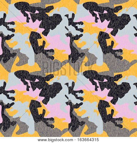 Camouflage pattern background seamless clothing print repeatable camo glamour grunge of scratch vector. Yellow navy blue pink