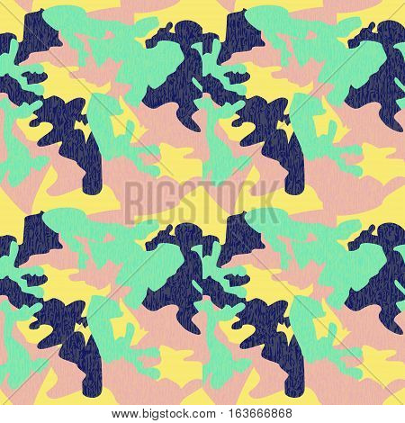 Camouflage pattern background seamless clothing print repeatable camo glamour grunge of scratch vector. Yellow navy pink green
