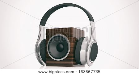 3D Rendering Headphones And Audio Speaker Box On White Background