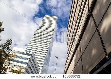 Basel, Switzerland - October 20, 2016: The Roche Tower at the headquarters of the pharmaceutical company Roche