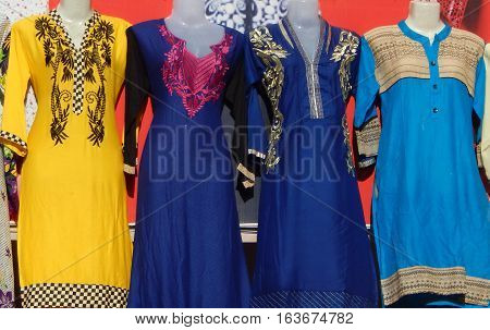 HYDERABAD,INDIA-FEBRUARY 16:Mannequins dressed in latest Indian fashion salwar kameez kept in front of retail clothes store on February 16,2016 in Hyderabad,India.