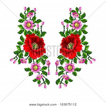 Seamless pattern.Wallpapers or textile.Color bouquet of flowers (poppies,ears of wheat and cornflowers) using traditional Ukrainian embroidery elements.