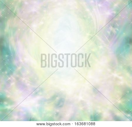 Spring has arrived background -   softly colored green and lemon background with streams of light and glittering stars swirling around an egg shaped central ball of light