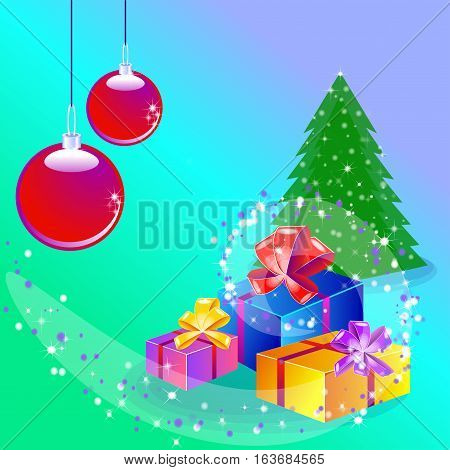 Christmas card with a tree, presents and christams balls