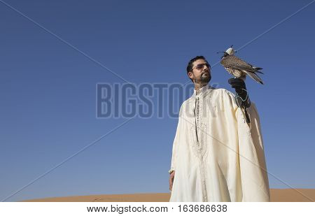 Dubai, UAE, December 3rd, 2016: Tunisian man with a seaker falcon in a desert at sunrise
