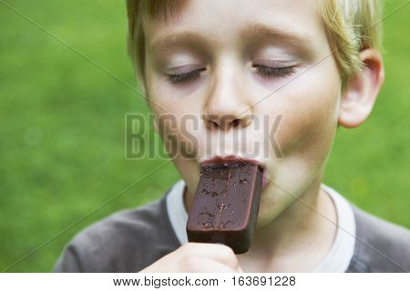 Portrait of young child blond boy eating a tasty ice cream outside in the garden with green grass background.