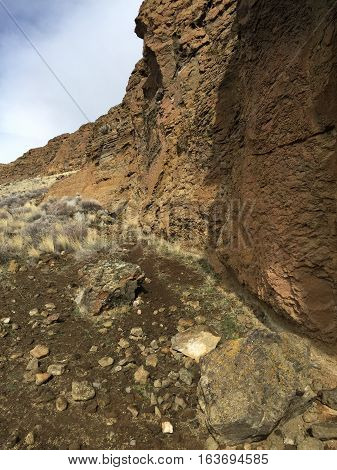The walls of Fort Rock State Park in Southern Oregon on a winter day.