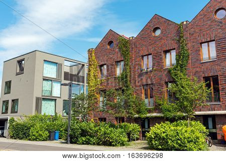 Modern houses made of bricks and concrete seen in Berlin, Germany