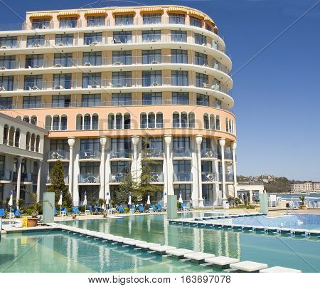 SAINTS CONSTANTINE AND HELENA BULGARIA - APRIL 10 2015: Hotel Azalia in Saints Constantine and Helena the oldest first sea resort of Bulgaria exists from 19 century.