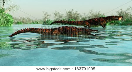 Uberabasuchus Marine Reptiles 3D illustration - Uberabasuchus dinosaur reptiles inhabit a Brazil river catching fish in the Cretaceous Period.