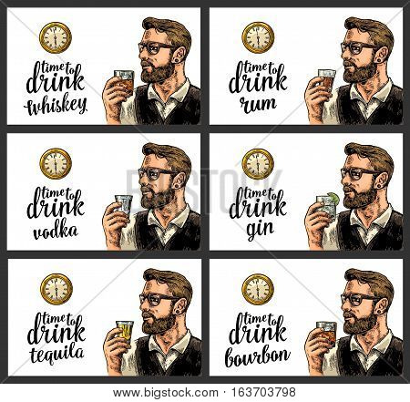 Hipster holding a glasses with alcohol drinks and antique pocket watch. Vintage vector engraving illustration for poster invitation to party. Time to Drink lettering. Isolated on white background.