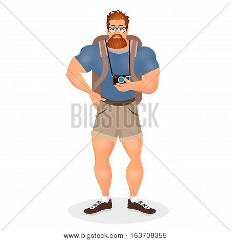 Brutal Young Bearded Hipster Male In Eyeglasses With A Packsack Travel And Camera. Travelling With T