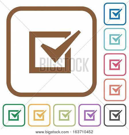Checked box simple icons in color rounded square frames on white background
