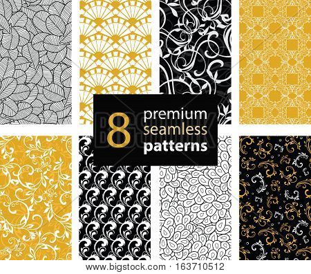 Unique Vector Set of Black, White and Gold Yellow Abstract Trendy Seamless Repeat Patterns. Great For Fabric, Wrappring Paper, Wallpaer, Scrapbooking. Surface pattern design. Textile design.
