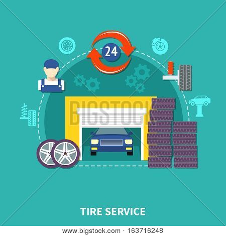 Tire service flat design concept with wheels elements of suspension and automobile in garage decorative icons set vector illustration