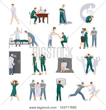 Mental illnesses icons set with mad people and medical staff in various situations isolated vector illustration