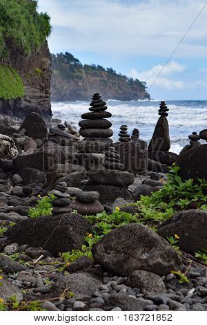 Balanced rocks at the Polulu black sand beach, Kohala coast, Big Island, Hawaii