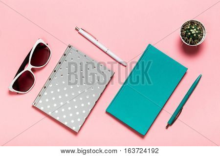 White and green-blue pen, glasses, silvery notebook, aquamarine diary, and cactus on pink background. flat lay, top view