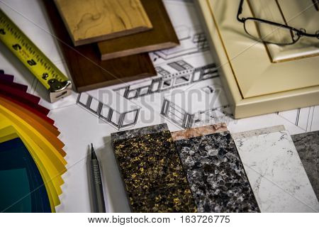 a New Kitchen Design with material selection, kitchen doors, countertops, cabinet colors and paint samples