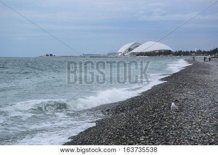 SOCHI RUSSIA OCTOBER 8 2016: View of the beach and Stadium Fischt in the Sochi Russia