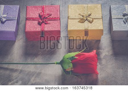 Valentine's Day Background,red Heart With Red White Rose ,ribbon And Present Box