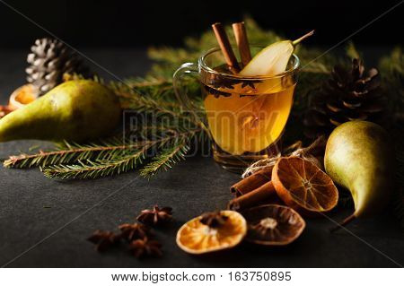 pear cider on evening kitchen stone table
