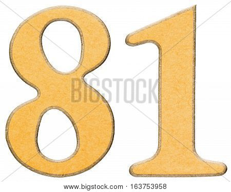 81, Eighty One, Numeral Of Wood Combined With Yellow Insert, Isolated On White Background