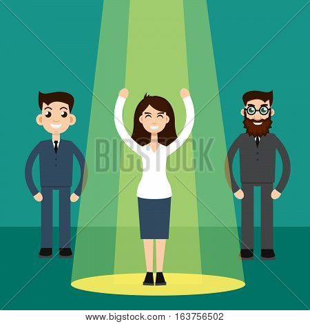 Businesswoman character in spotlight vector illustration stock