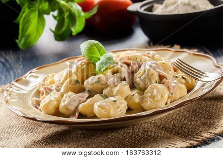 Potato Gnocchi, Italian Potato Dumplings With Cheese Sauce, Ham
