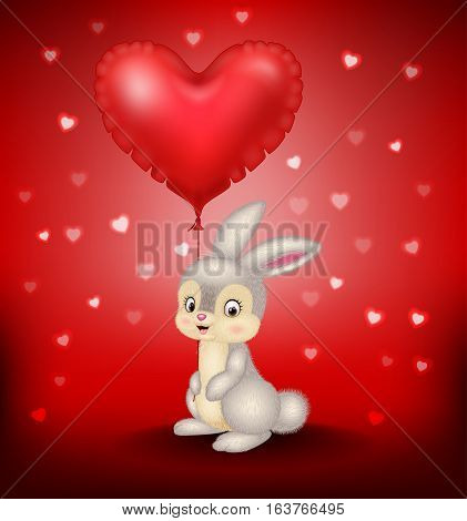 Vector illustration of Cartoon bunny holding red heart balloons