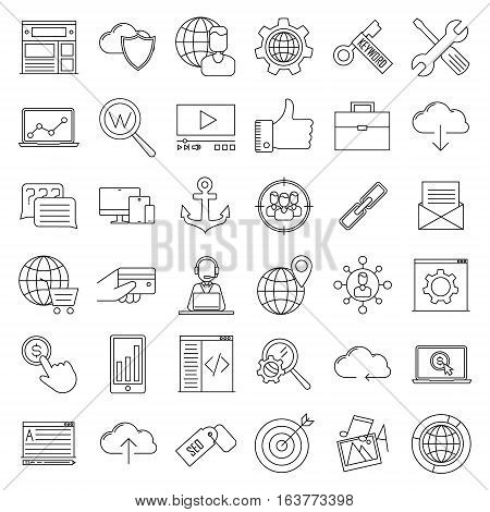 SEO icons. Internet and development signs. Web site, keyword, anchor, SMM, technical support, video marketing and other things. Line art vector illustration.