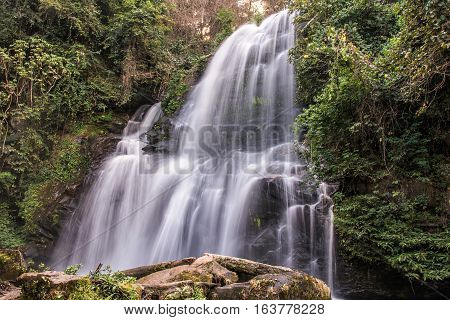 Pha Dok Seaw waterfall or Rak Jang waterfall in Doi Inthanon National ParkThailandMost Famous in Thailand Beautiful silky waterfall flow through stones.