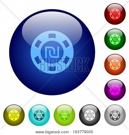 New Shekel casino chip icons on round color glass buttons
