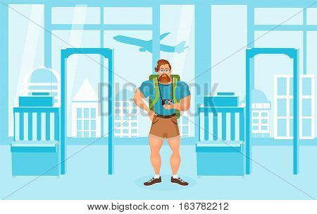 Young Bearded Hipster male in eyeglasses with a packsack travel and camera. Travelling with the knapsack. Background of airport interiors. Travel Concept. Vector Illustration eps 10 in flat style