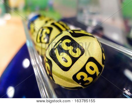 Bucharest Romania 21 February 2016: Image of lottery balls during extraction of the winning numbers.