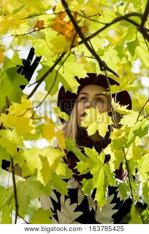 Woman in a floral patterned coat and wine red hat in the park. Happy girl and colorful autumn forest. Portrait of a lady yellow green red and brown leaves background