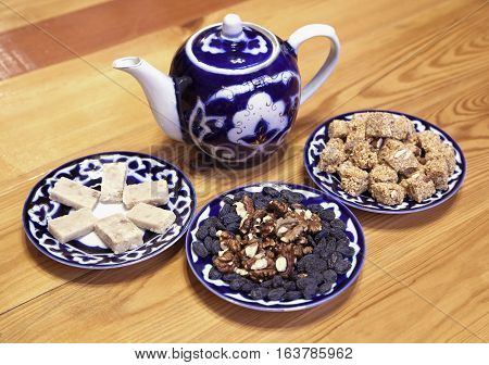 Traditional Uzbek served tea and sweets on a table