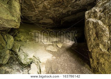Wolf's Lair Adolf Hitler's Bunker in Poland. First Eastern Front military headquarters in World War II. Complex was blown up and abandoned on 1945. Autumn chaparral grown ruins trees leaves.