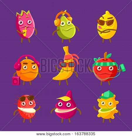 Tropical Fruit Cool Cartoon Characters On Vacation Set Of Colorful Stickers With Humanized Food Items. Exotic Fruits With Faces And Accessories Series Of Vector Emoji.