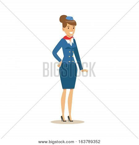 Stewadess In Blue Uniform, Part Of Airport And Air Travel Related Scenes Series Of Vector Illustrations. Smiling Cartoon Character Airport Professional Employee.