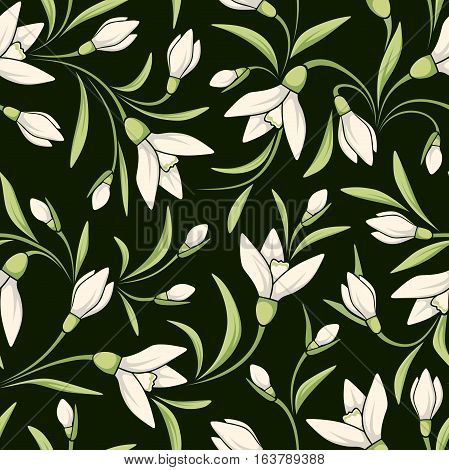 Vector seamless pattern with white snowdrop flowers on a dark green background.