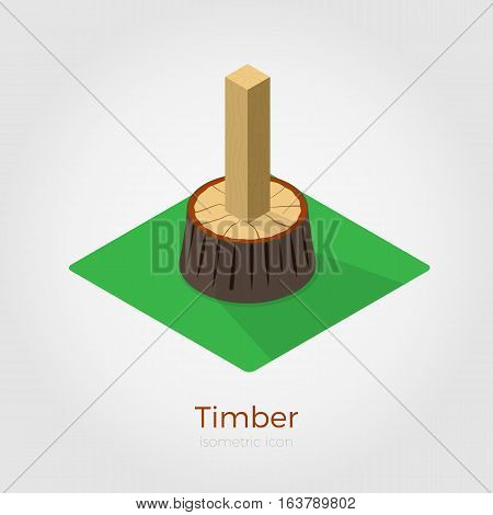 Timber vector illustration in isometric style. Cutted timber from stump in wood. Isolated on white background, stylish flat colors.