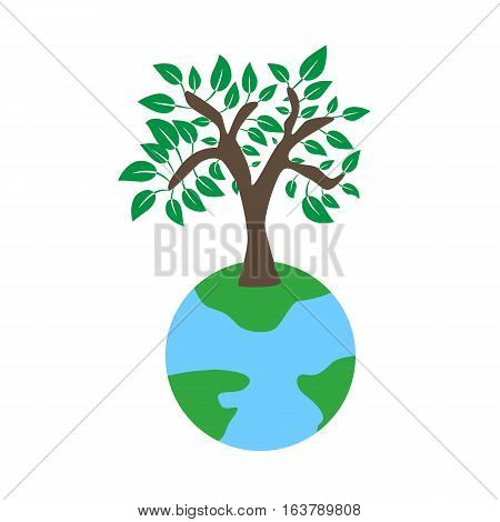 Tree on earth ecology concept.Vector illustration in flat design style. Creative drawing on global environment. Modern template for infographics or logo. Isolated on white background.