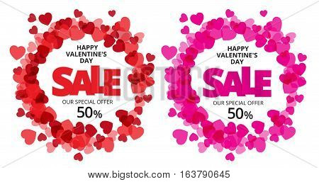 Valentine love label with red and pink heart and sale discount text. Vector paper illustration.