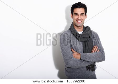 Handsome Man Wearing Winter Clothes On White Background