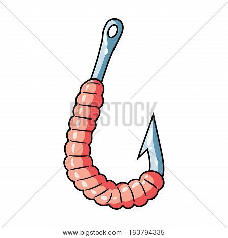 Worm on a hook icon in cartoon design isolated on white background. Fishing symbol stock vector illustration.