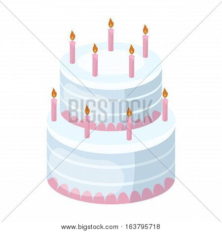 Birthday cake icon in cartoon design isolated on white background. Cakes symbol stock vector illustration.