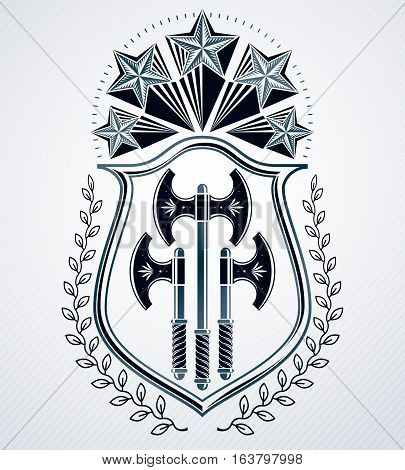 Vintage heraldic vector decorative emblem composed with pantagonal stars and hatchets