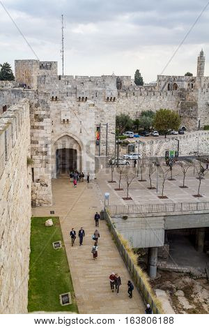 JERUSALEM ISRAEL - DECEMBER 8: View of the Jaffa Gate from wall of the Old City in Jerusalem Israel on December 8 2016